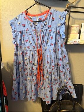 Free People Blue Floral Ruffle Tunic with Orange Trim